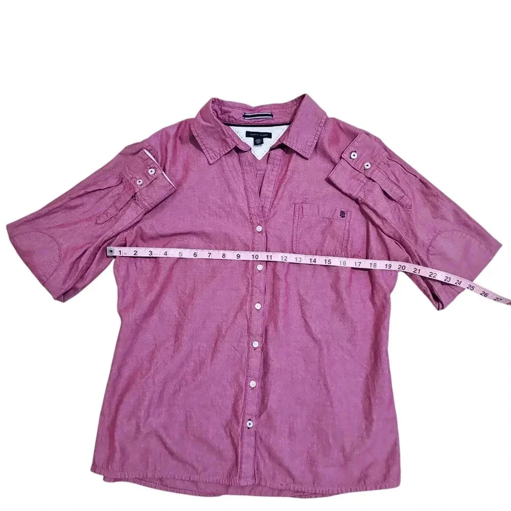 Tommy Hilfiger Women L Burgundy Cotton Speckled Button Down Essential Preppy - Picture 6 of 7